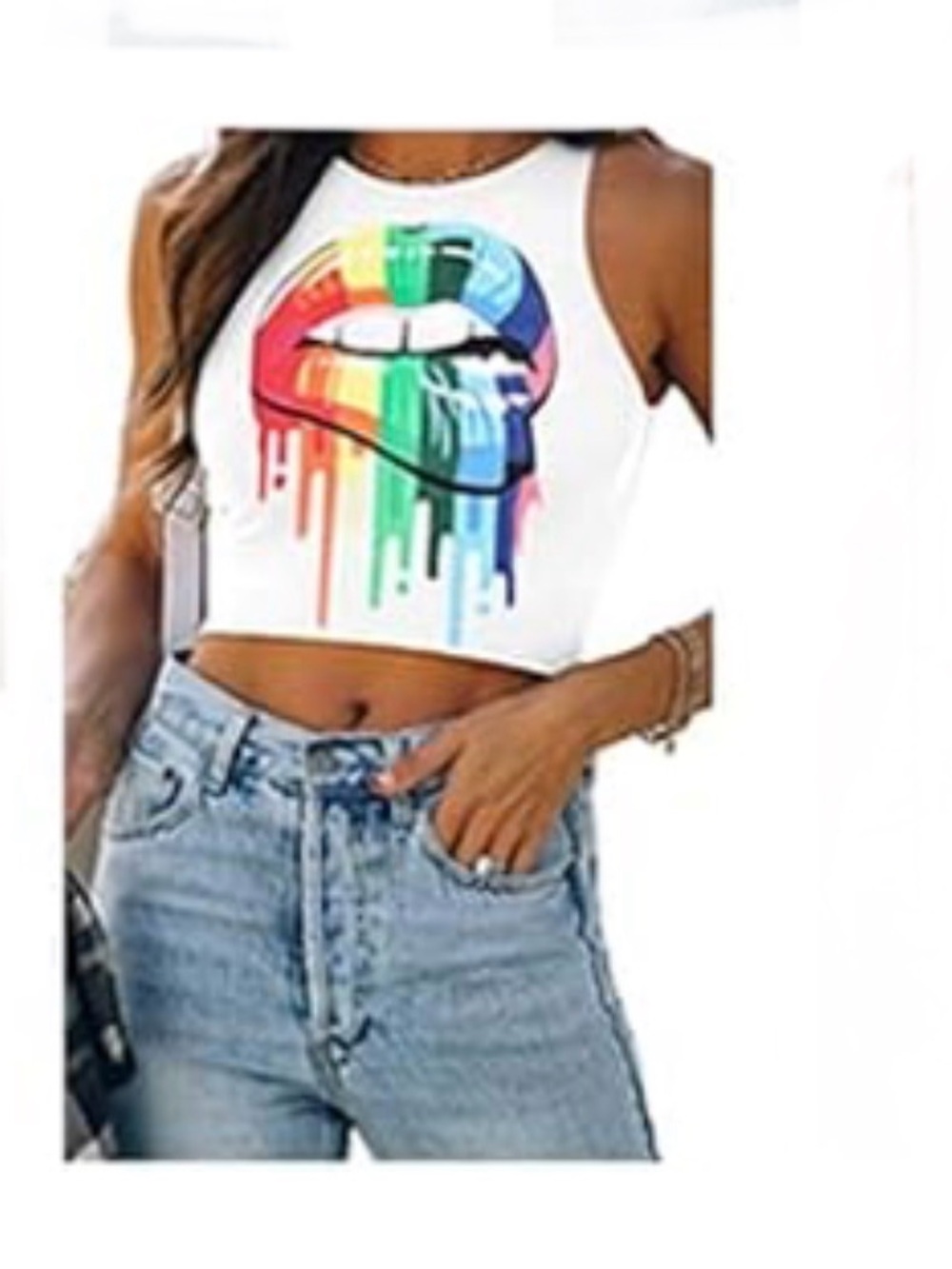 Women’s White Crop Tank with Rainbow Drip Lips Graphic
